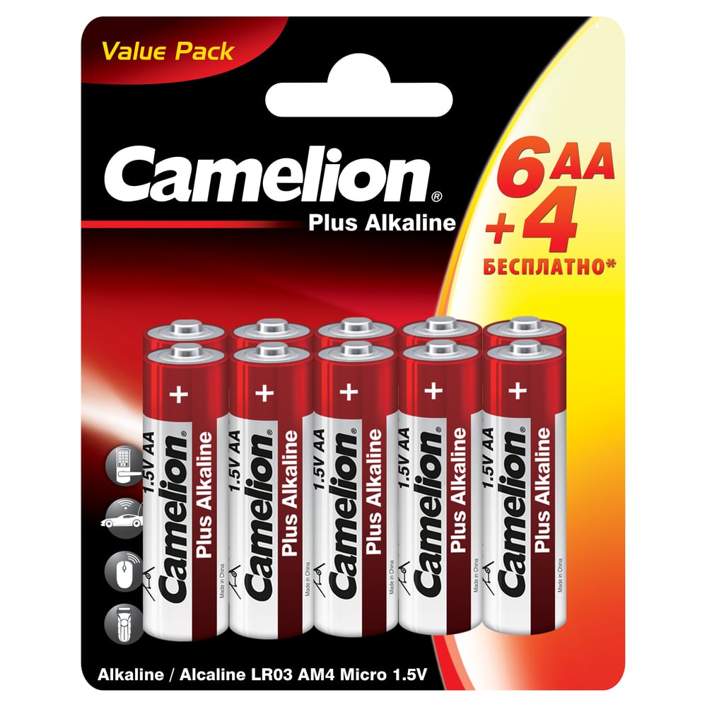 Изображение товара Пальчиковая батарейка АА CAMELION Plus Alkaline LR6-BP6+4 1.5 В 10 шт