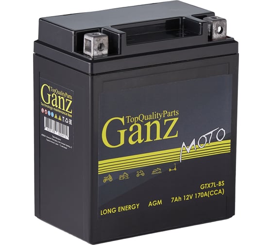 Изображение товара Аккумулятор мото GANZ AGM 7 А/ч обратный R+ 114x71x131 мото EN 170 А GN1207.1