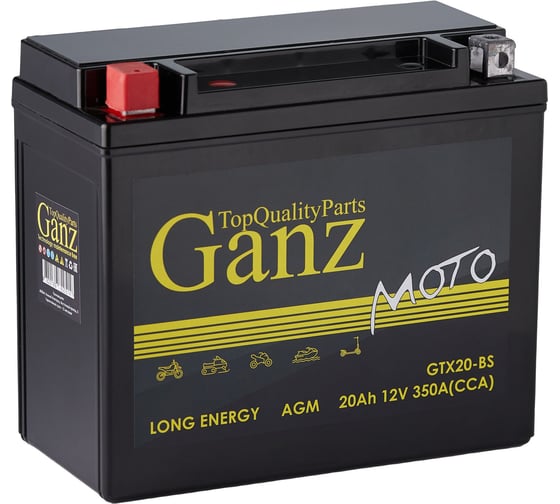 Изображение товара Аккумулятор мото GANZ AGM 20 А/ч прямой L+ 177x88x155 мото EN 350 А GN12201