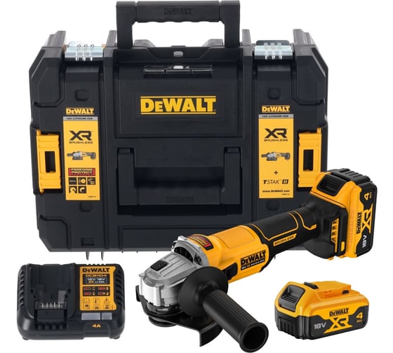 Изображение товара Аккумуляторная угловая шлифмашина DEWALT DCG407M2T, 18В, 125мм, 9000об/мин, с 2 АКБ 4 Ач и ЗУ, в кейсе TSTAK DCG407M2T-QW