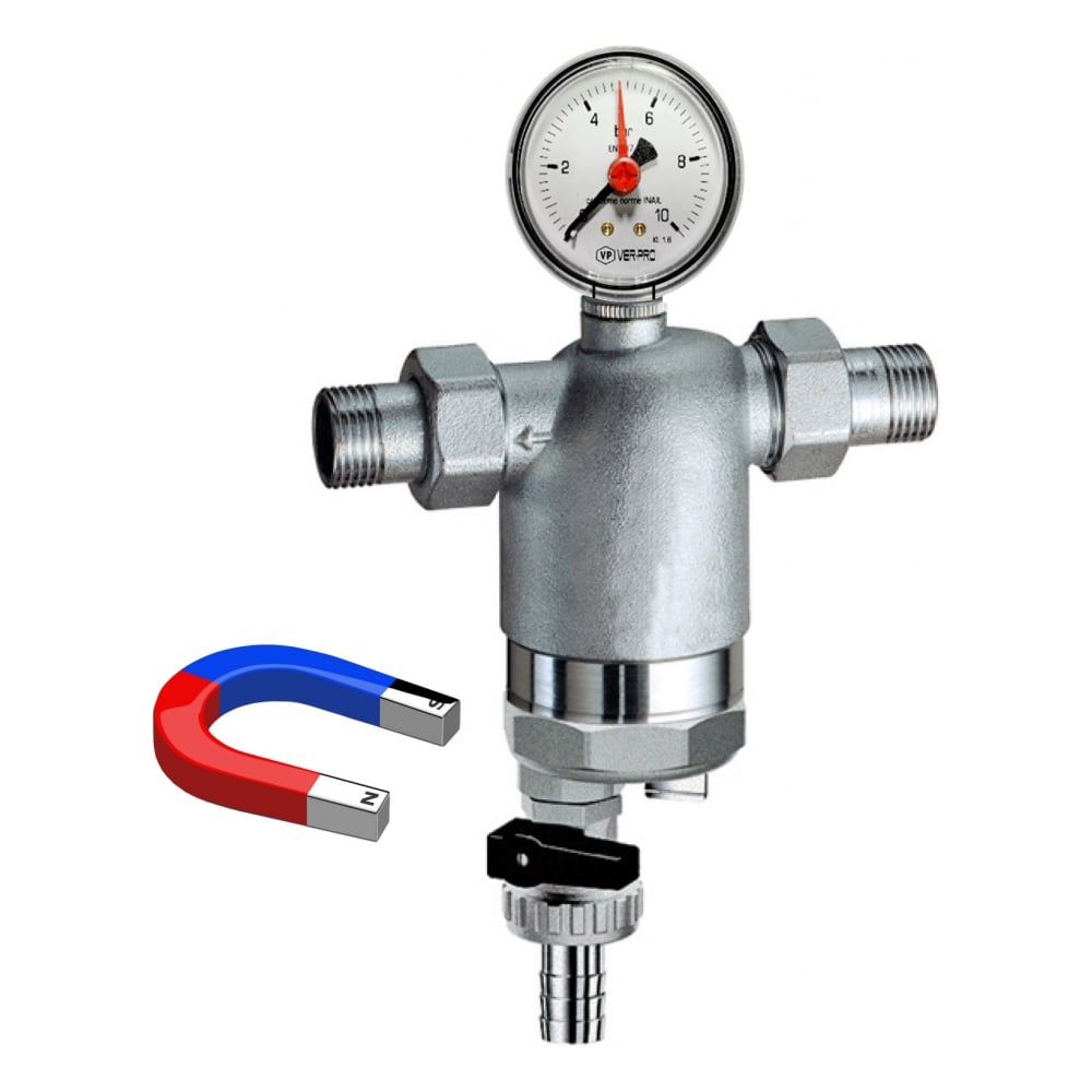 Изображение товара Фильтр с манометром и магнитной вставкой ViEiR никель 1/2 VP166-3