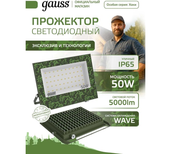 Изображение товара Прожектор светодиодный Elementary Gauss 50W 4500lm IP65 6500К ХАКИ GFD004