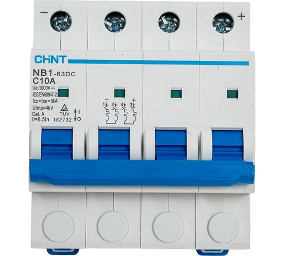Изображение товара Автоматический выключатель CHINT NB1-63DC 4P 10А 6кА х-ка C 1000В DC (R) 182732