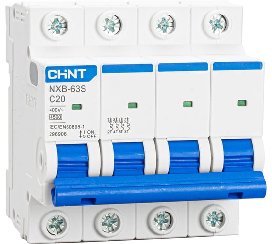 Изображение товара Автоматический выключатель CHINT NXB-63S 4P 20А 4,5кА х-ка C (R) 296906
