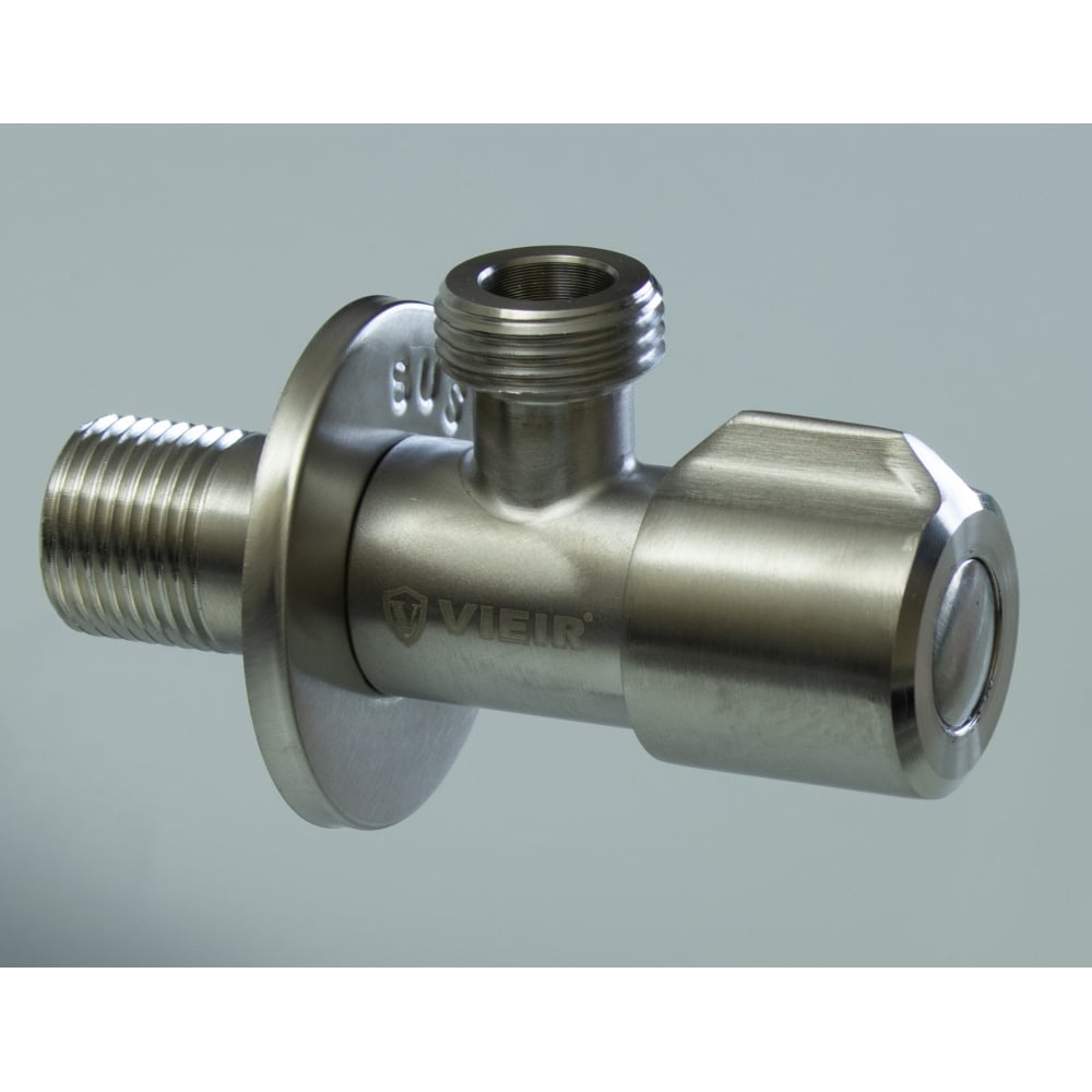 Изображение товара Угловой кран ViEiR с отводом 1/2 х 1/2 нержавеющий сатин для бытовой сантехники