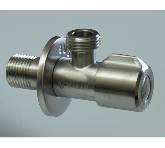 Изображение товара Кран угловой ViEiR с отводом, 1/2 х 1/2, нержавеющий, сатин, круглый, для бытовой сантехники и фильтров VER66