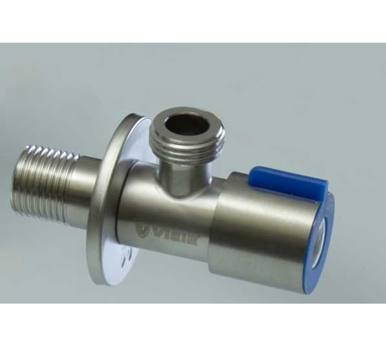 Изображение товара Кран угловой ViEiR с отводом, 1/2 х 1/2, нержавеющий, сатин, круглый, для подключения стиральных машин и сантехники VER67