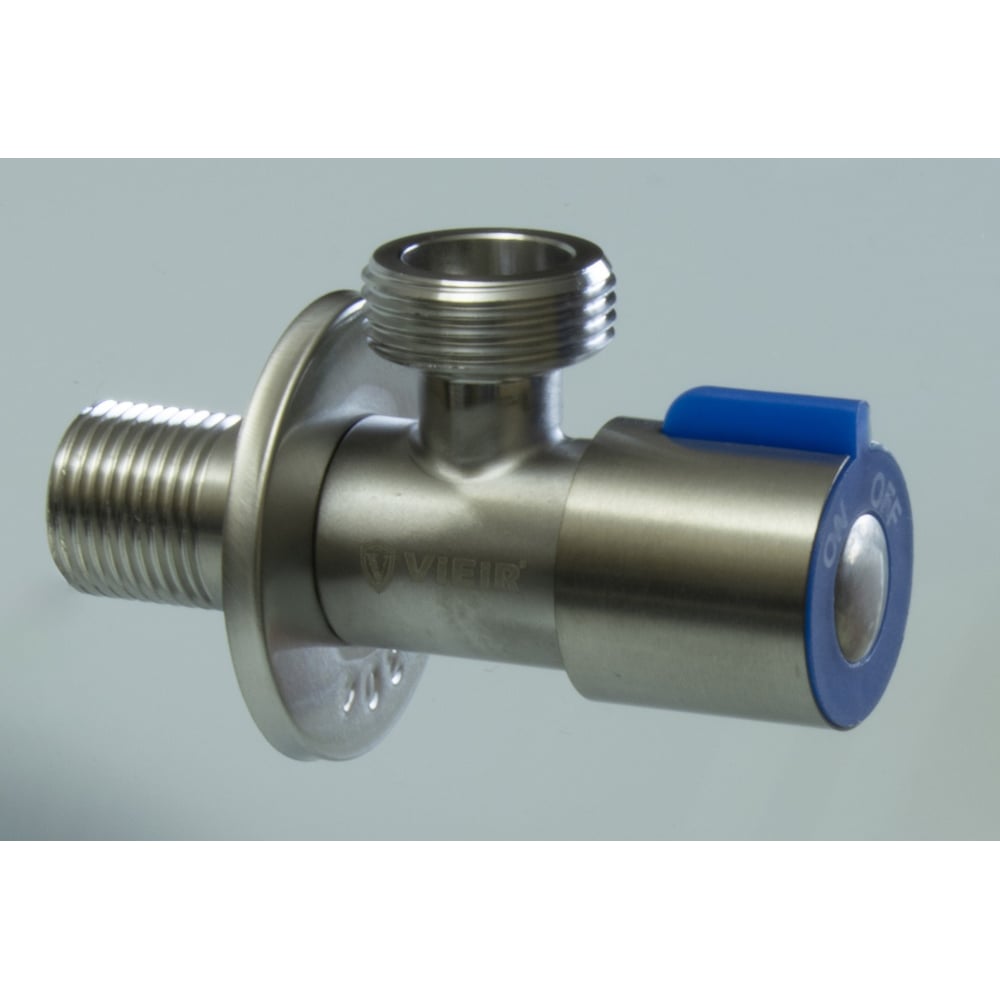 Изображение товара Кран угловой ViEiR с отводом, 1/2 х 3/4, нержавеющий, хром, круглый, запорный для сантехники VER72