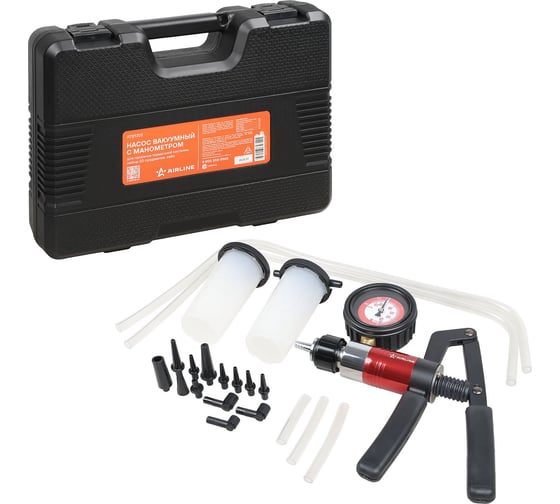 Изображение товара Насос вакуумный с манометром для прокачки тормозной системы AIRLINE набор 20 предметов, кейс ATBT202