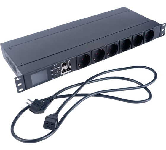Изображение товара Блок распределения питания Cabeus 1U горизонтальный, входной разъем С20, выходной 8xSchuko розеток, 1 фаза, 16 A, мониторинг/управление, евро-шнур SMART-PDU-C20-8S22-CM