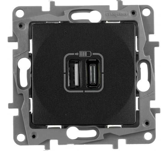 Изображение товара Зарядное устройство с двумя USB разъемами Legrand тип A, тип С 240В/5В 3000мА Etika 672636