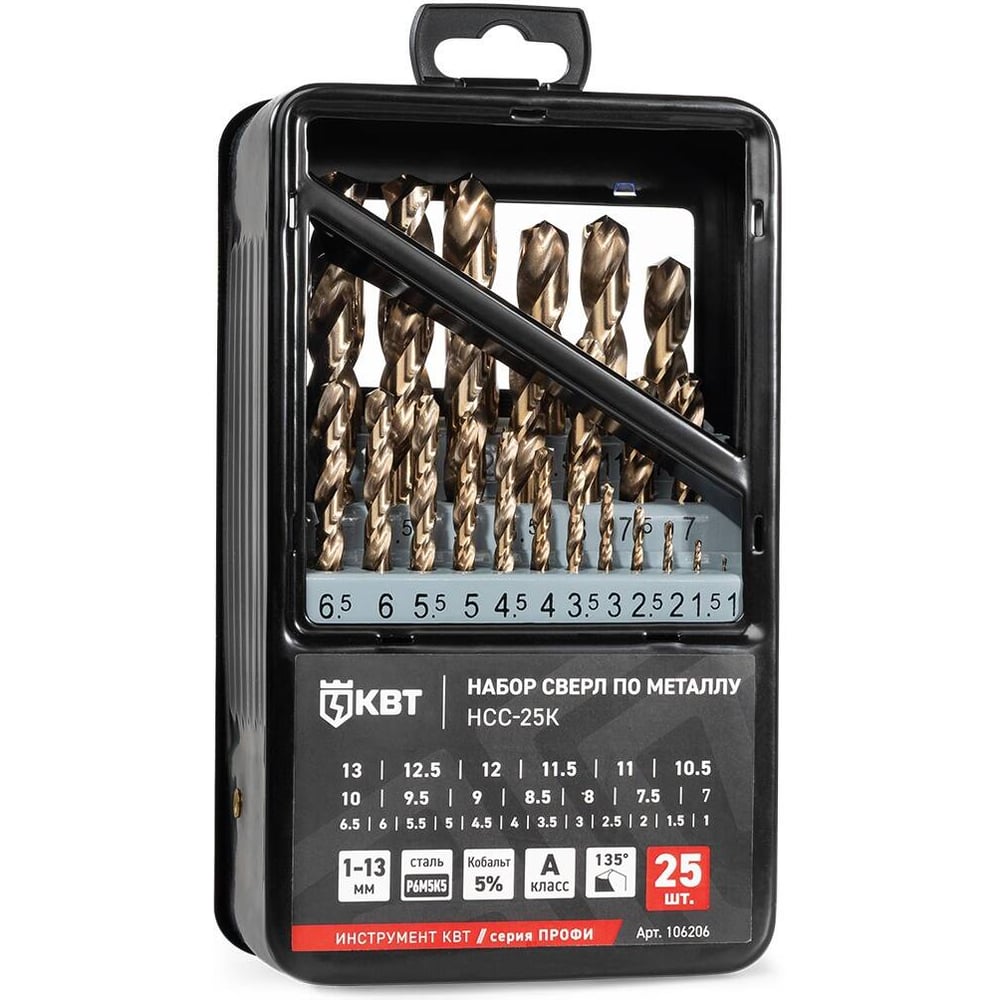 Изображение товара Набор сверл по металлу КВТ НСС-25К серия ПРОФИ 25 шт металлический бокс