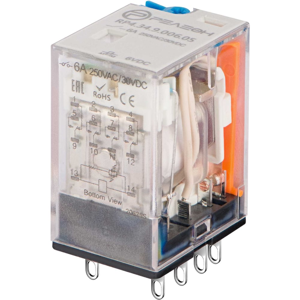 Изображение товара Промежуточное реле Релеон 4 CO конт. 6а ;= 6в Dc; блокируемая кнопка проверки + LED, RP434900605