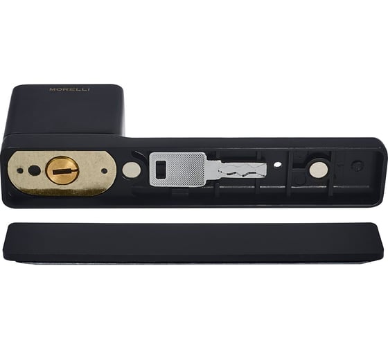 Изображение товара Ручка дверная с фиксатором MORELLI MH-63-S50 WD BL, NEW ENGLAND на скрытой прямоугольной розетке для дверей толщиной 50-65мм, цвет - черный 9018999