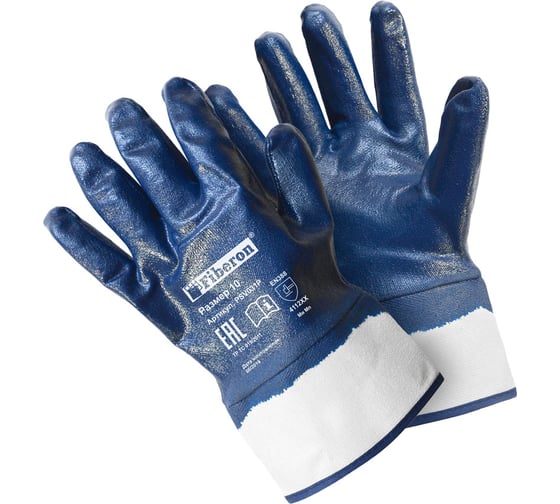 Изображение товара Перчатки Fiberon Повышенная стойкость к загрязнениям, хлопок+полиэстер, нитриловое покрытие, в и/у, 10(XL), белый+синий, манжета-крага 109982