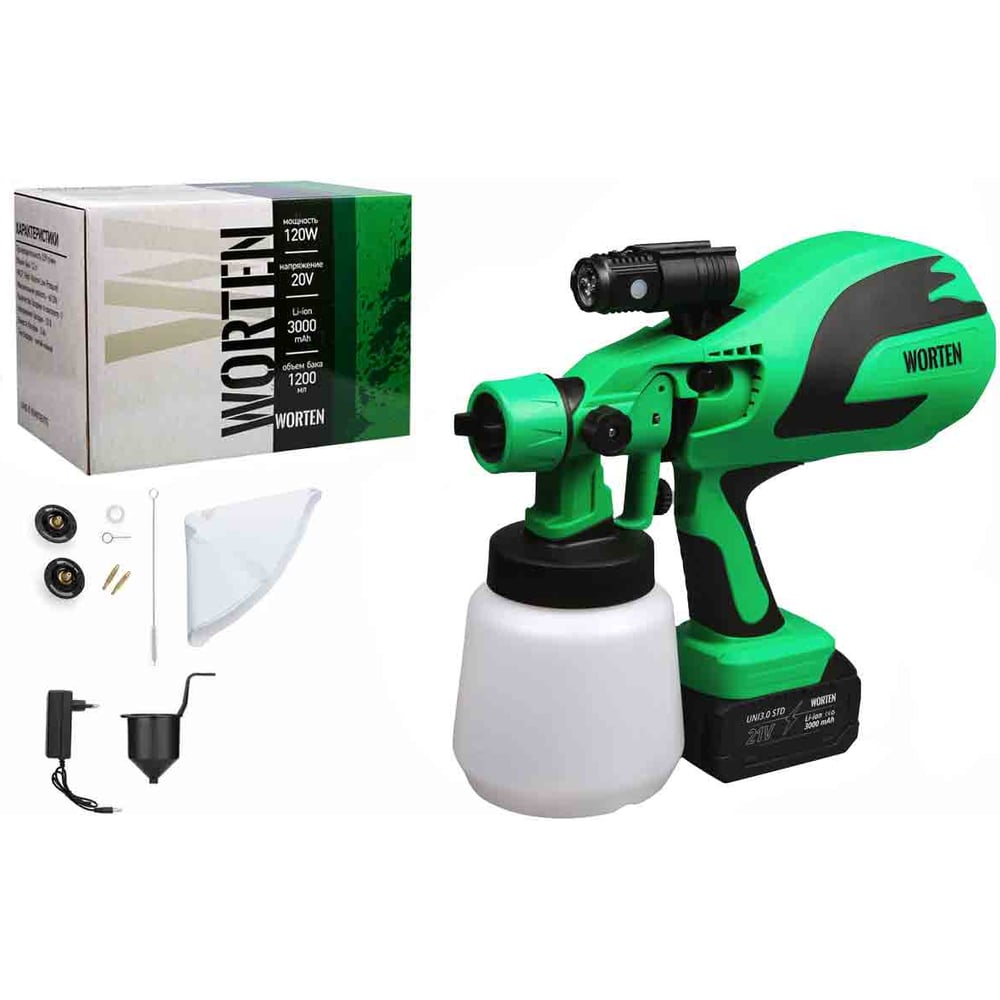 Изображение товара Краскопульт аккумуляторный WORTEN 1х3.0 Ач 1200 мл КА-90000711