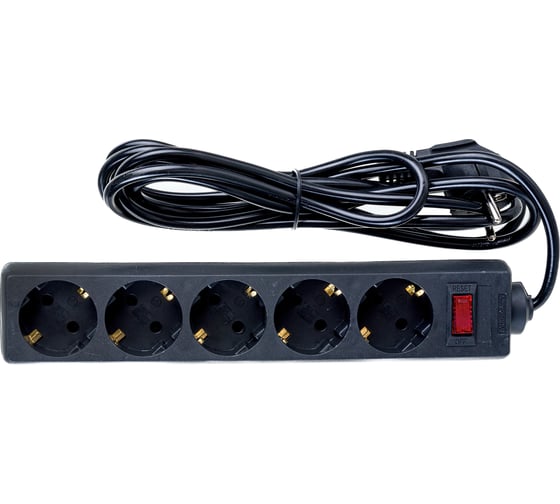 Изображение товара Удлинитель ExeGate EC-5-3B 5евро с заземлением, 3м, защита от перегрузки, выключатель с подсветой, черный 279357