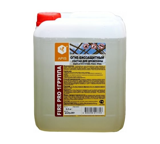 Изображение товара Огне-биозащитный состав для древесины APIS FIRE PRO (I группа; бесцветный; канистра; 5,5 кг) 4665296517647