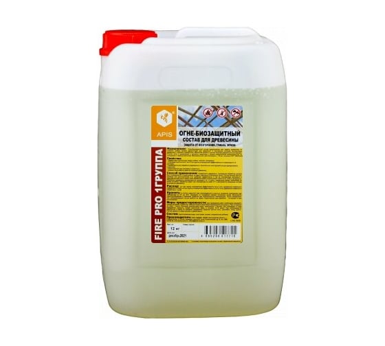 Изображение товара Огне-биозащитный состав для древесины APIS FIRE PRO (I группа; бесцветный; канистра; 12 кг) 4665296517609