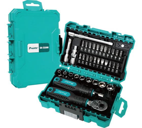 Изображение товара Набор универсальный торцевых головок и бит с трещеточной отверткой Pro'sKit (11 насадок) (9 головок,11 бит,удлинитель,переходник угловой,насадки) SD-2338M С00040396