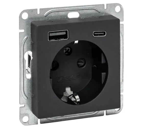 Изображение товара Механизм розетки EKF с USB-A+С - 2шт, 16А, с заземлением, со шторками, чёрный Эпика UP1-SOB-111-USBA+USBC