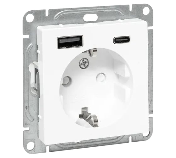 Изображение товара Механизм розетки EKF с USB-A+С - 2шт, 16А, с заземлением, со шторками, белый Эпика UP1-SOW-111-USBA+USBC