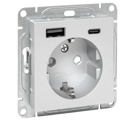 Изображение товара Механизм розетки EKF с USB-A+С - 2шт, 16А, с заземлением, со шторками, алюминий Эпика UP1-SOA-111-USBA+USBC