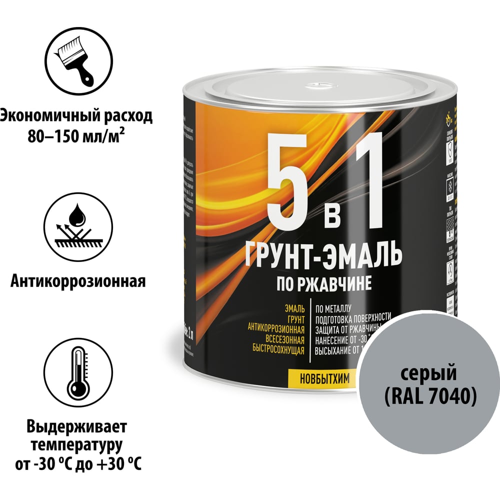 Грунт-эмаль 5в1 Новбытхим, серый, RAL 7040, банка 0.75 л 3877