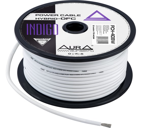 Изображение товара Кабель силовой AURA TCCA+TOFC, 8AWG/8мм2, 50м/катушка, белый PCH-408W