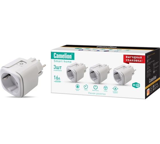 Изображение товара Розетка CAMELIONSmart Home BNS/SH-3/16A/WIFI (квадр. 3 шт. 16A 4000Вт, WiFi+Счетчик+Контроль) 15906
