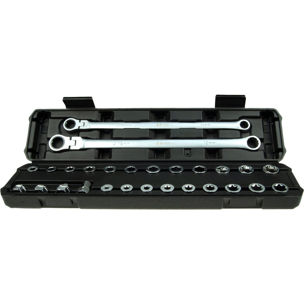 Изображение товара Набор ключей накидных трещоточных LIGE 27 предметов, экстра длинных с шарниром