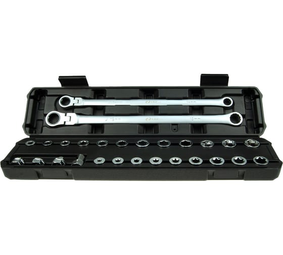 Изображение товара Набор ключей накидных трещоточных LIGE экстра длинных с шарниром, 27пр.(14,19мм; головки 8-18,21,22м 865312