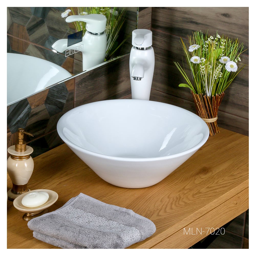 Изображение товара Раковина MELANA MLN-320360 круглая белая с донным клапаном монтаж накладной