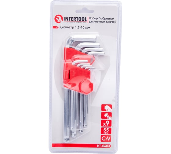 Изображение товара Набор Г-образных шестигранных ключей INTERTOOL 9ед.,1.5-10мм, Cr-V, 55 HRC Big HT-0603