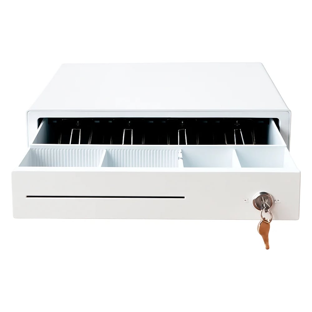 Изображение товара Денежный ящик ByPos 335Т белый металлический с ключевым замком и отделениями