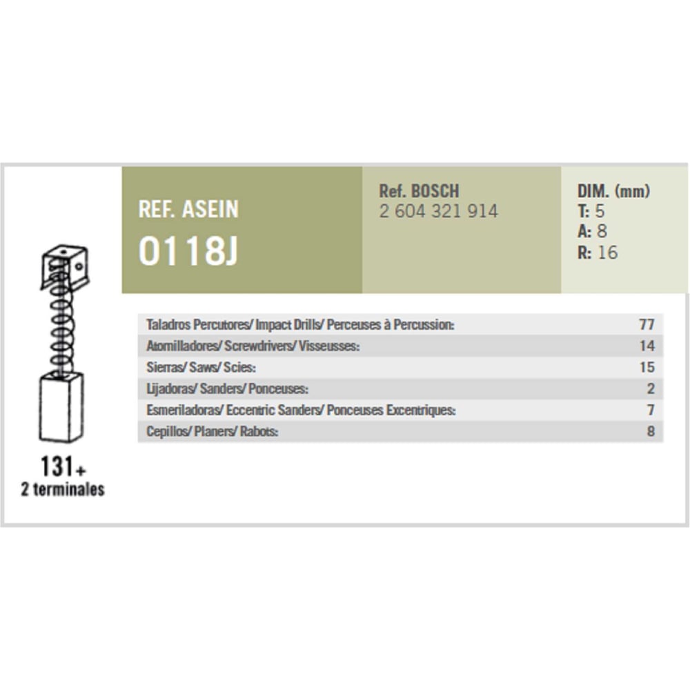 Комплект графитовых щеток Asein BOSCH OEM 2604321914 (Комплект = 2 шт.) 0118J