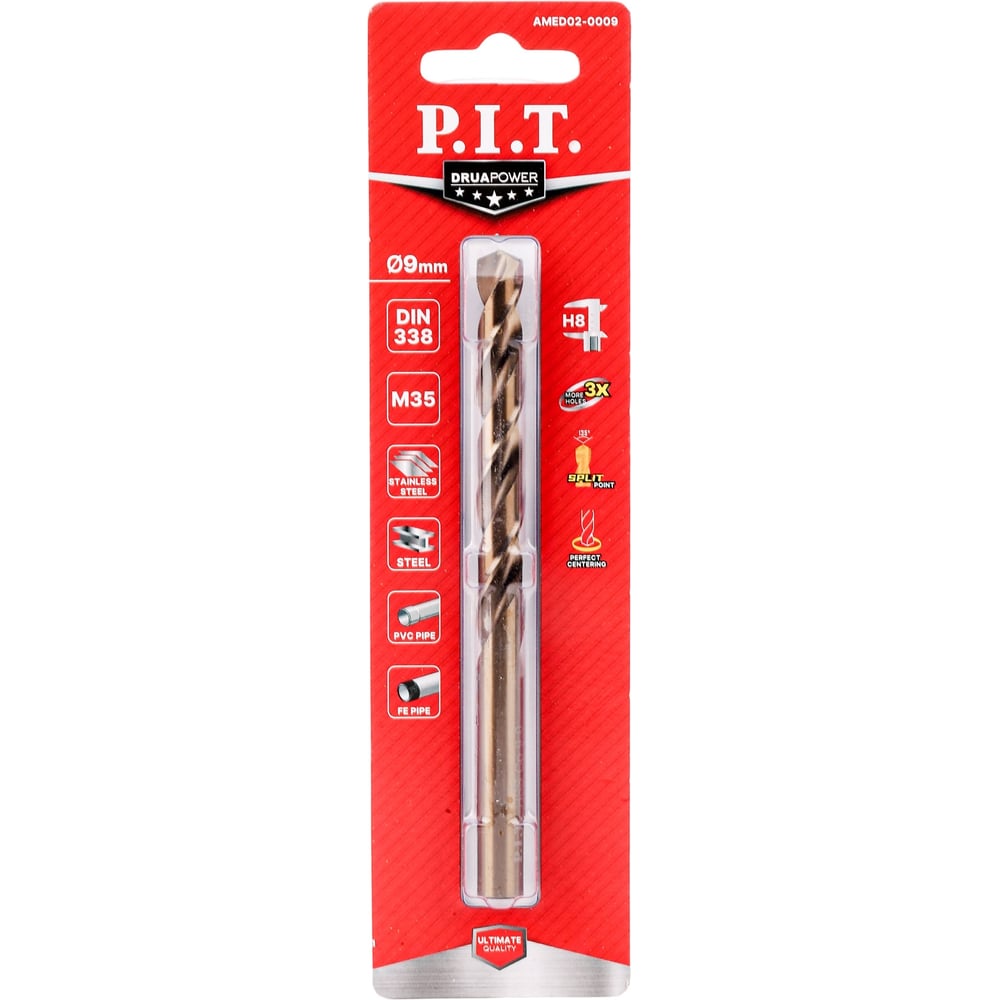 Изображение товара Сверло по металлу кобальтовое с титановым покрытием P.I.T. 9.0x125 мм, М35, Со5%, 135° AMED02-0009