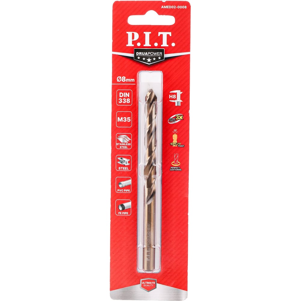 Изображение товара Сверло по металлу кобальтовое с титановым покрытием P.I.T. 8.0x117 мм М35 Co5% 135° AMED02-0008