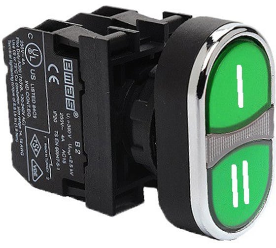 Изображение товара Кнопка сдвоенная EMAS (1НО+1НО), зелёный + зелёный цвет, с маркировкой, серия B (250В AC, 4А), IP50 B101K20YY12