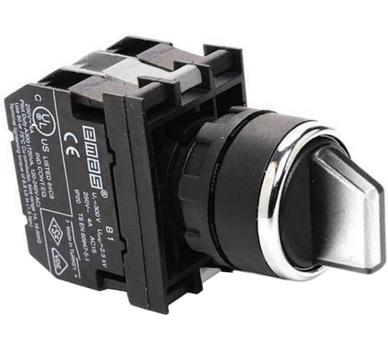 Изображение товара Переключатель EMAS 2-0-1 (1НО+1НО), без фиксации, белый цвет, с блоком подсветки B5 (белый светодиод, 12-30В AC/DC), серия B (250В AC, 4А), IP50 B151SL32B