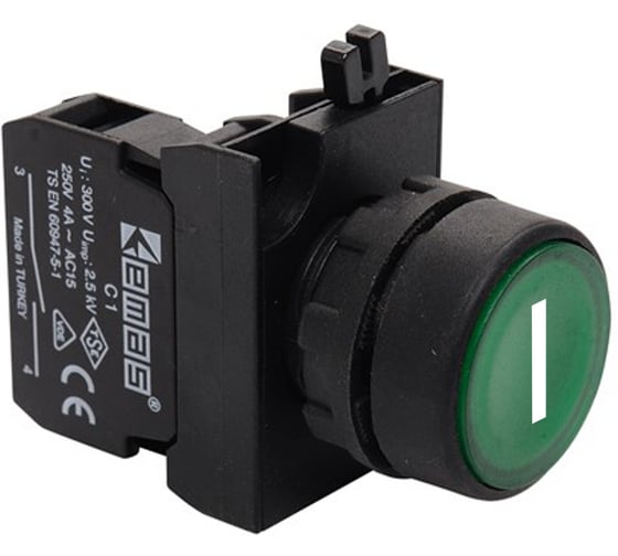 Изображение товара Кнопка EMAS (1НО), зелёный цвет, с маркировкой, серия CP (250В AC, 4А), IP65 CP100DY1