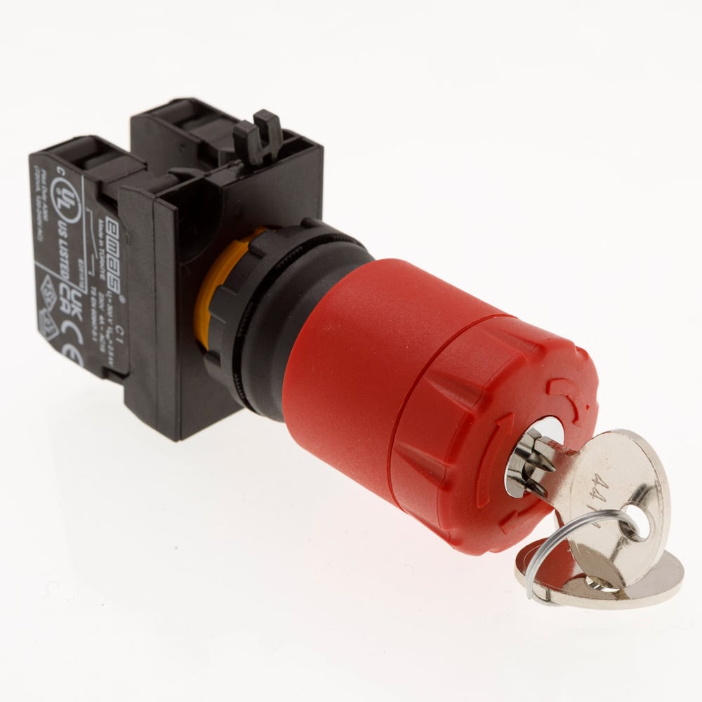 Изображение товара Кнопка аварийная EMAS Грибок 30мм (1НО+1НЗ), возврат поворотом, с ключом, серия CP (250В AC, 4А), IP65 CP102EA30