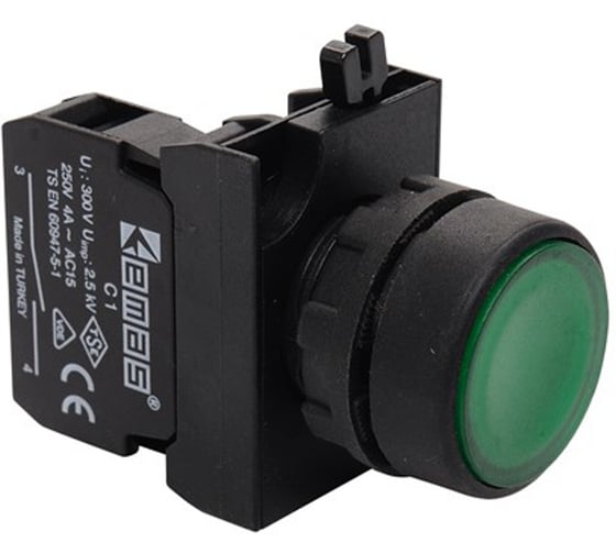 Изображение товара Кнопка EMAS (1НО), зелёный цвет, с маркировкой, серия CP (250В AC, 4А), IP65 CP100DYM