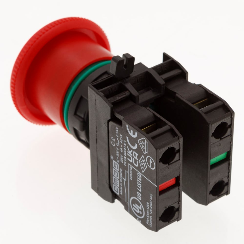 Изображение товара Кнопка аварийная EMAS Грибок 40мм (1НО+1НЗ), возврат отжатием, серия CP (250В AC, 4А), IP65 CP102EC