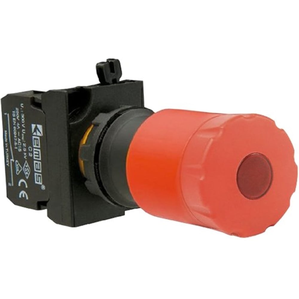 Изображение товара Кнопка аварийная EMAS Грибок 30мм (1НО+1НЗ), возврат отжатием, с подсветкой (блок подсветки CB6, красный светодиод, 12-30В AC/DC), серия CP (250В AC, 4А), IP65 CP162ECS30