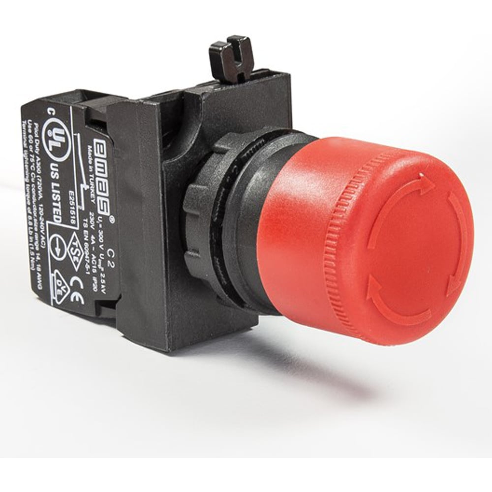 Изображение товара Кнопка аварийная EMAS Грибок 30мм (1НЗ), возврат поворотом, укороченная головка, серия CP (250В AC, 4А), IP65 CP200EK30