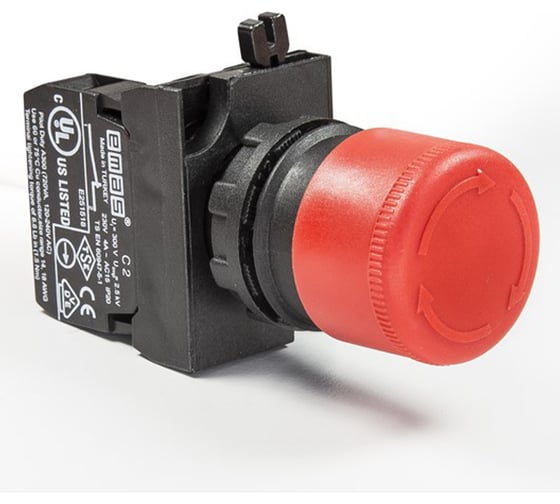 Изображение товара Кнопка аварийная EMAS Грибок 30мм (1НЗ), возврат поворотом, укороченная головка, серия CP (250В AC, 4А), IP65 CP200EK30