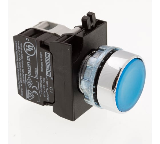 Изображение товара Кнопка EMAS (1НО), синий цвет, с блоком подсветки CBM (синий светодиод, 100-230В AC), серия CM (250В AC, 4А), IP65 CM1M0DM