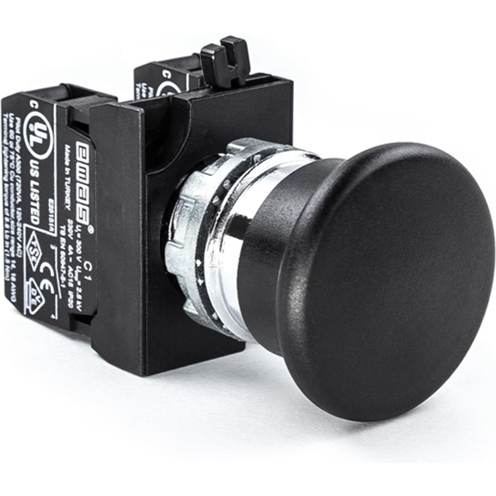 Изображение товара Кнопка EMAS Грибок 40мм (1НО+1НЗ), без фиксации, чёрный цвет, серия CM (250В AC, 4А), IP65 CM102MH