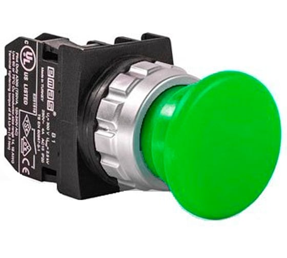 Изображение товара Кнопка Emas Грибок 40мм (1НО), без фиксации, зелёный цвет, серия H (30мм) (250В AC, 4А), IP50 H100MY